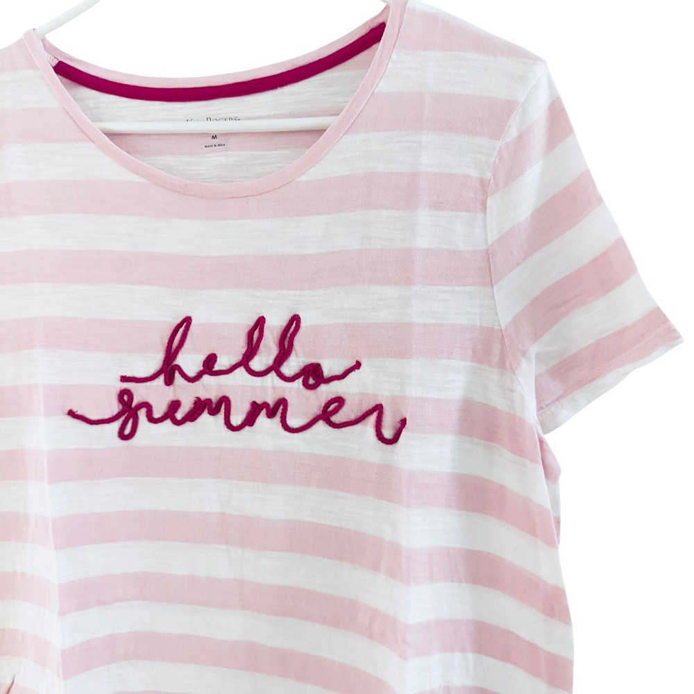 Kim Rogers Women's T-Shirt M Medium Pink White Striped Hello Summer Embroidered - Picture 4 of 10